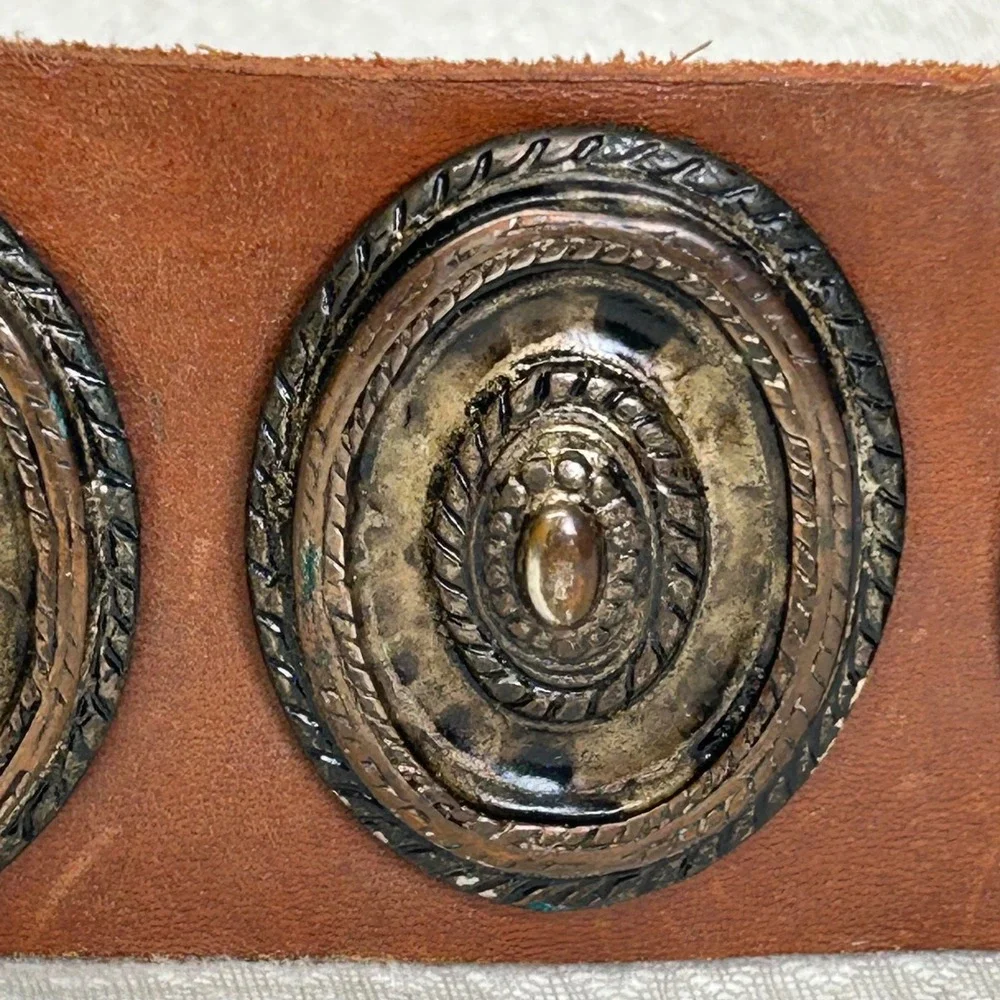 Vintage Brown Leather Concho Belt Ornate Oval Medallions Western Boho ART 028
